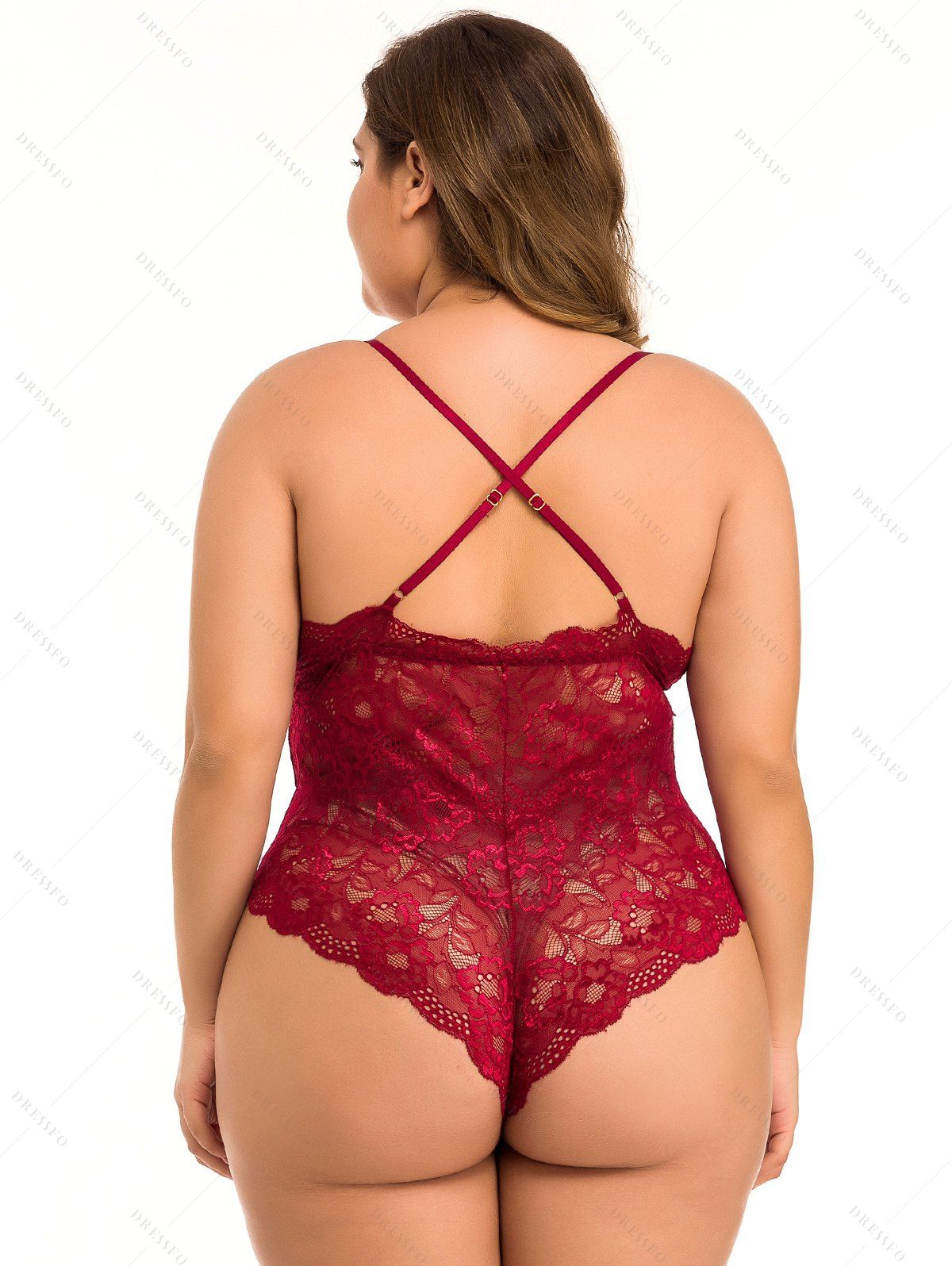 Plus Size & Curve Sheer Floral Lace Teddy Plunge Crisscross Spaghetti Strap Lingerie Bodysuit-Red