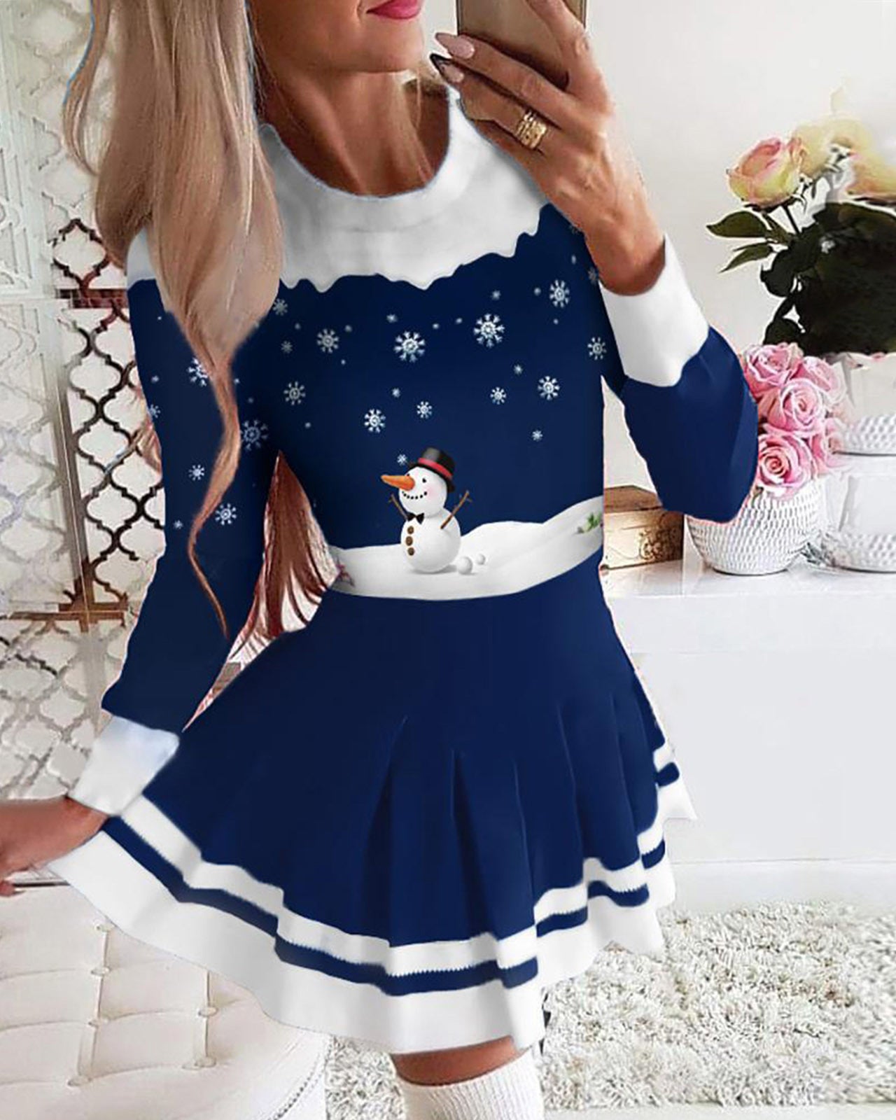 Christmas Snowfman Print Long Sleeve Pleated Dress