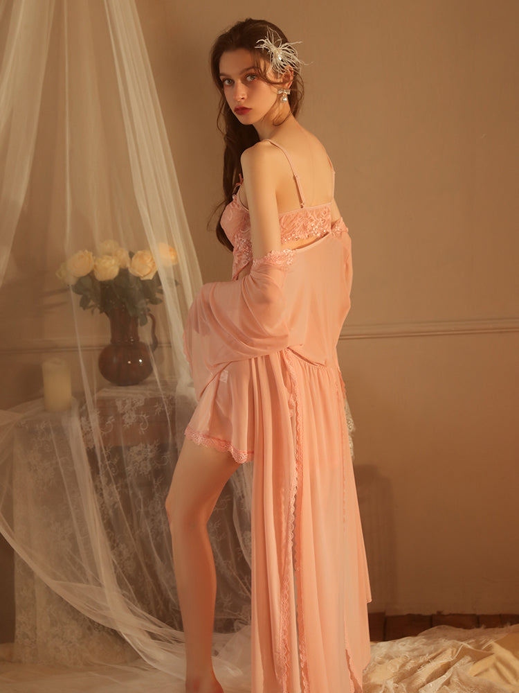 Lace Sexy Sleepwear V-Neck Two-Piece Slip Dress & Robe Set With T-Back