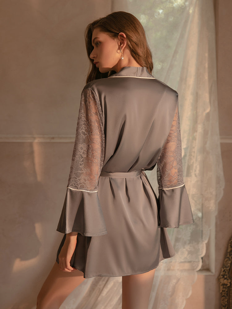 Hottest Hollow Lace Two-Piece Slip Dress & Robe Set With T-Back And Belt