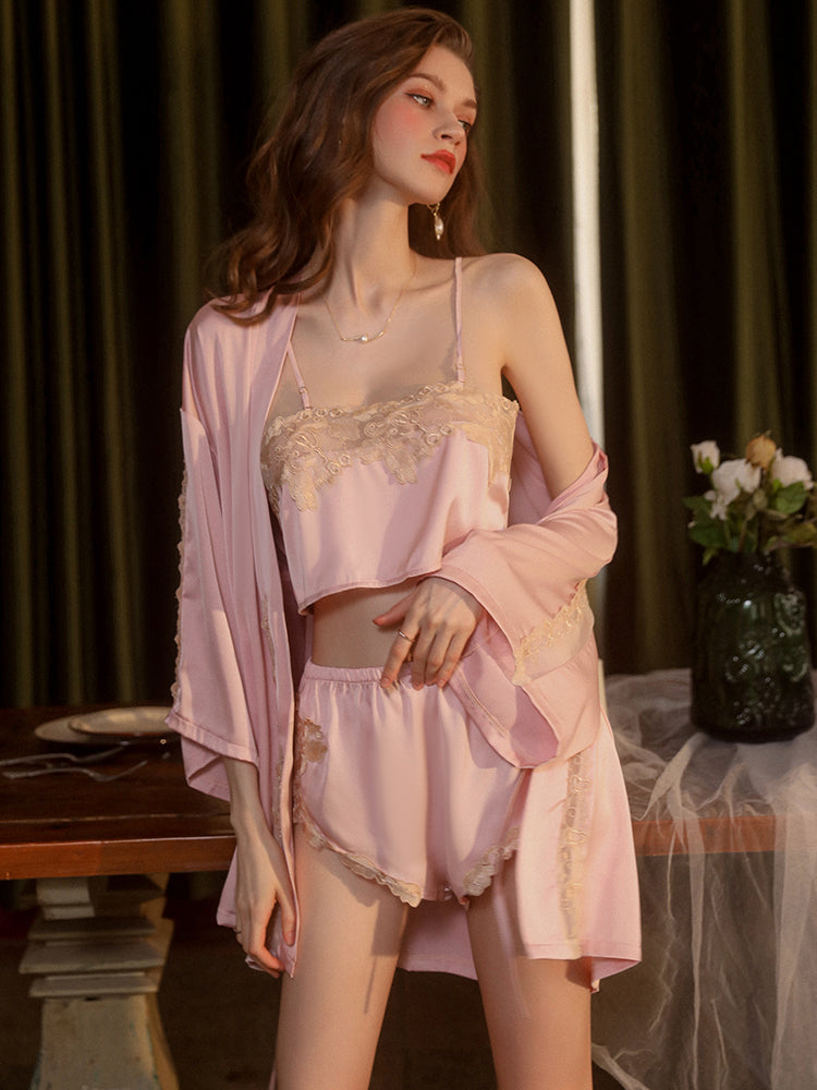 Sexy Lace Deep V-Neck 3/4 Sleeves Three-Piece Camisole Set With Belt