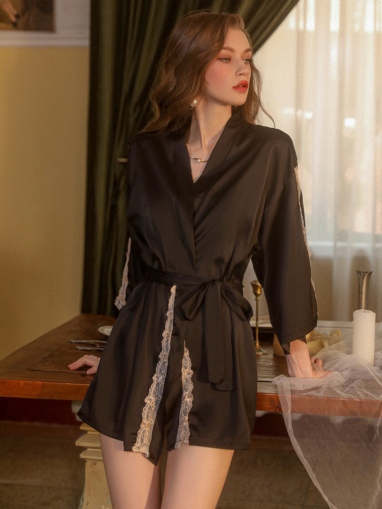 Sexy Lace Deep V-Neck 3/4 Sleeves Three-Piece Camisole Set With Belt