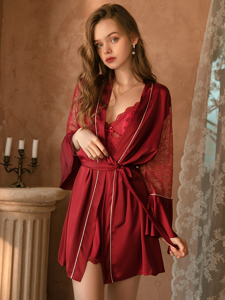 Hottest Hollow Lace Two-Piece Slip Dress & Robe Set With T-Back And Belt
