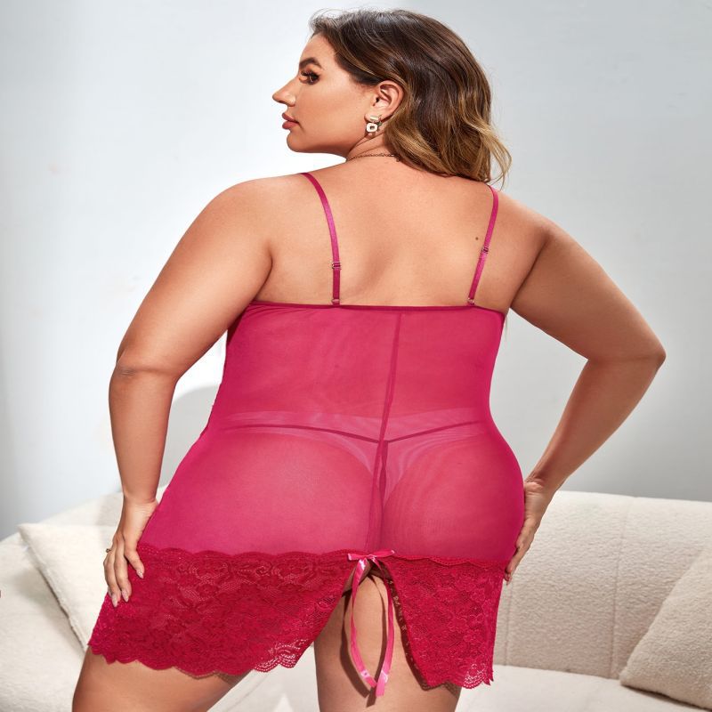 Plus Size Red Lace See-Through Suspender Pajama Dress