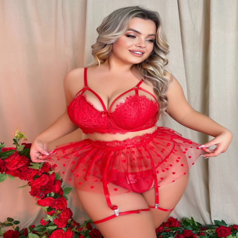 Plus Size Red Sexy Lace See-Through Bra Panties Set