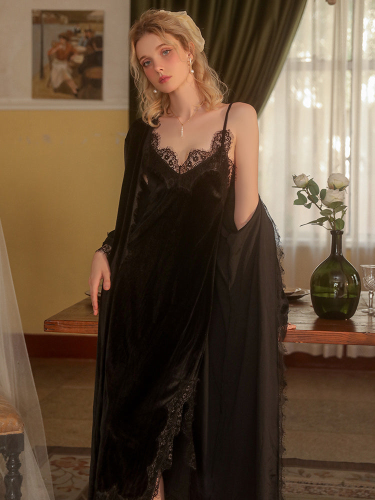 Long Red Two-Piece Slip Dress & Robe Set With Belt