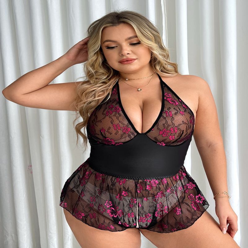 Plus Size Black Sexy Printed Lace Nightgown