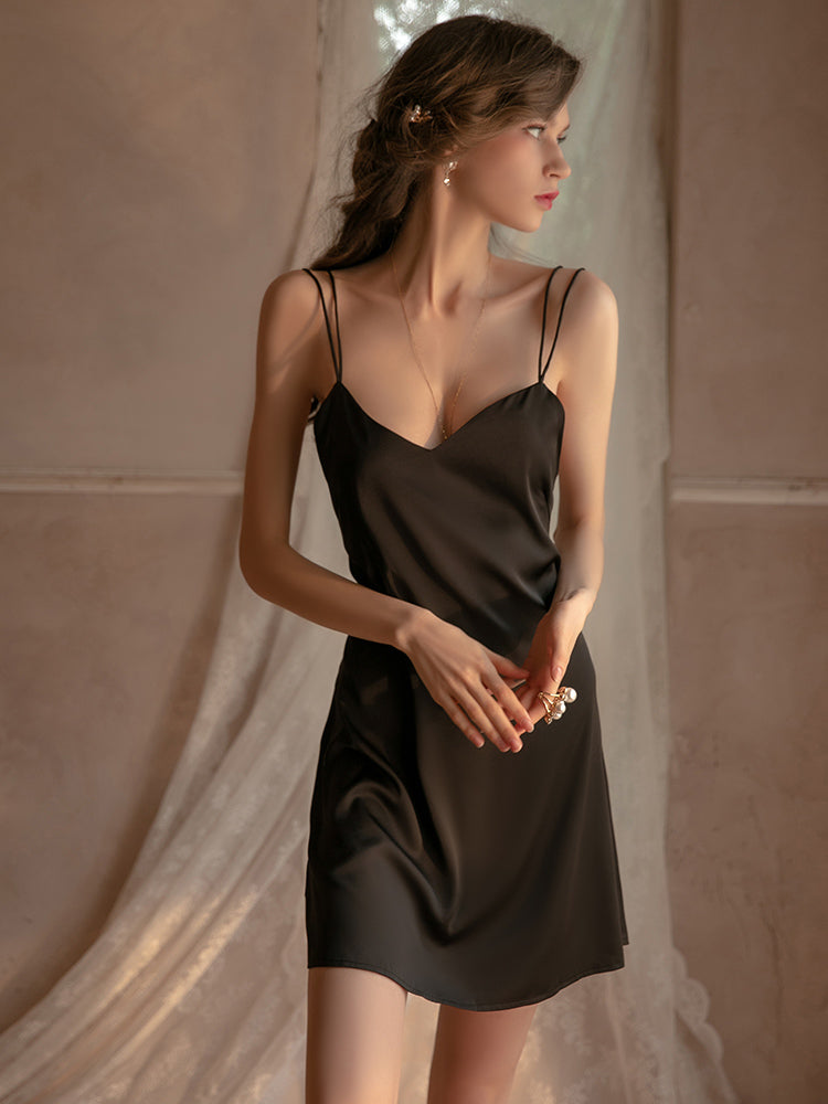 Sexy Cross Spaghetti Straps Short Sleeveless Black One-Piece Nightgown