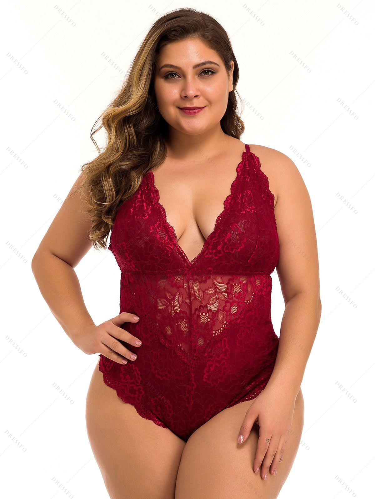 Plus Size & Curve Sheer Floral Lace Teddy Plunge Crisscross Spaghetti Strap Lingerie Bodysuit-Red