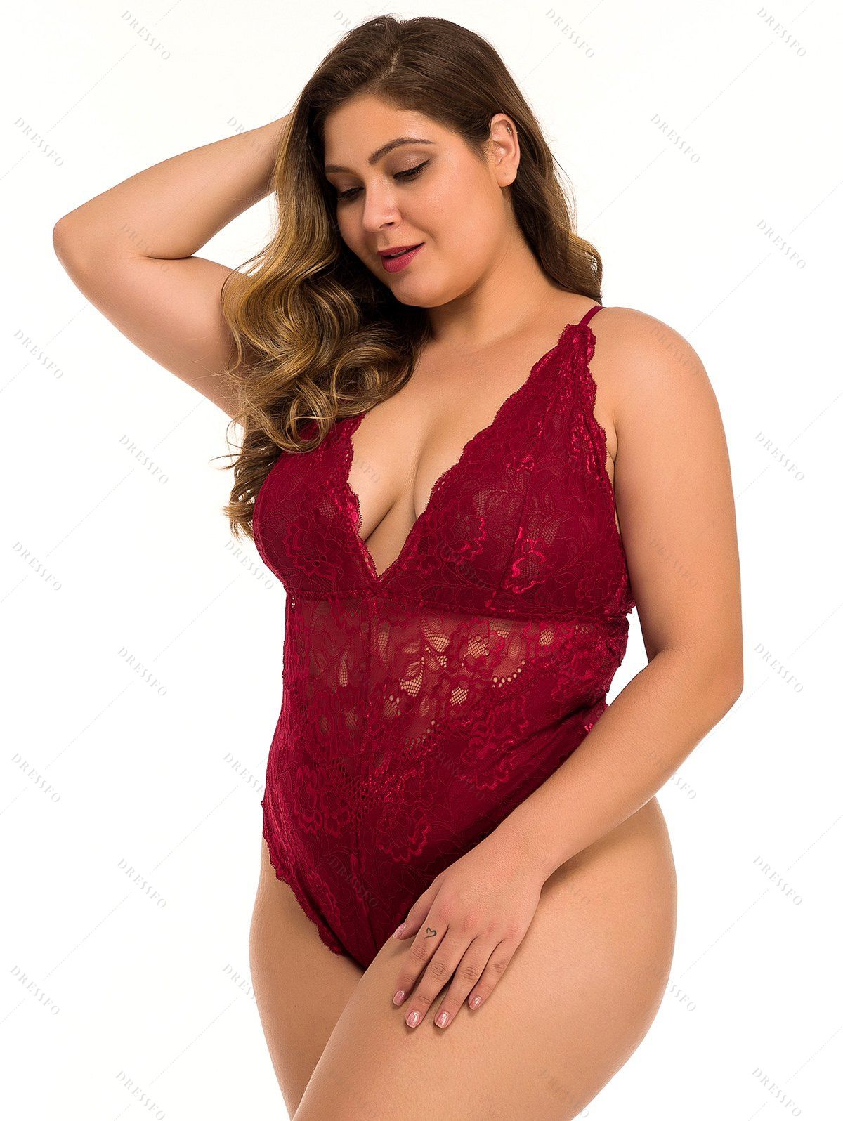 Plus Size & Curve Sheer Floral Lace Teddy Plunge Crisscross Spaghetti Strap Lingerie Bodysuit-Red