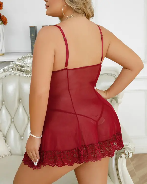 Plus Size Lace Patch Sheer Mesh Babydoll With Panty