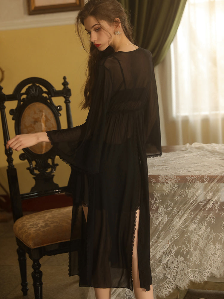 Lace Sexy Sleepwear V-Neck Two-Piece Slip Dress & Robe Set With T-Back