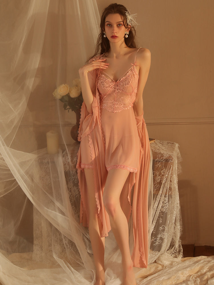 Lace Sexy Sleepwear V-Neck Two-Piece Slip Dress & Robe Set With T-Back