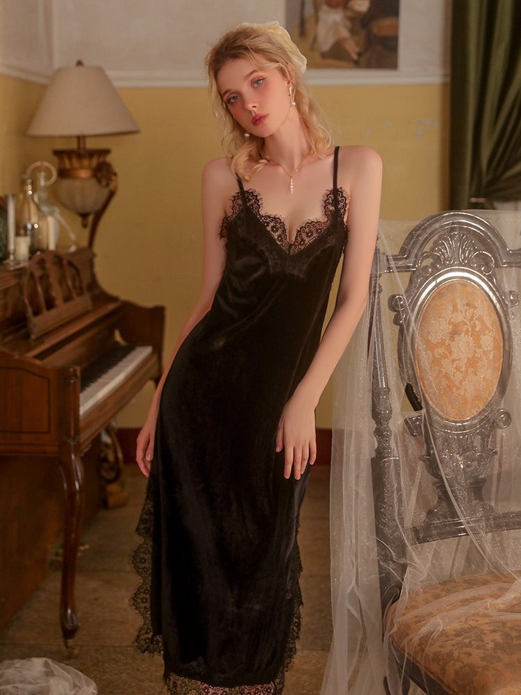 Lace Sexy Backless Slip Dress Long Red One-Piece Nightgown