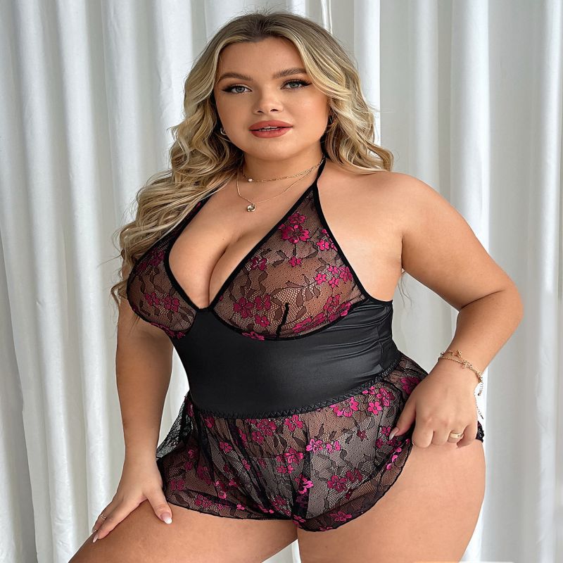 Plus Size Black Sexy Printed Lace Nightgown