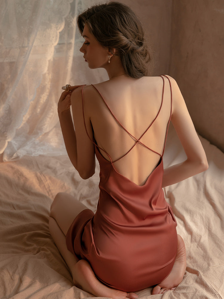 Sexy Cross Spaghetti Straps Short Sleeveless Black One-Piece Nightgown