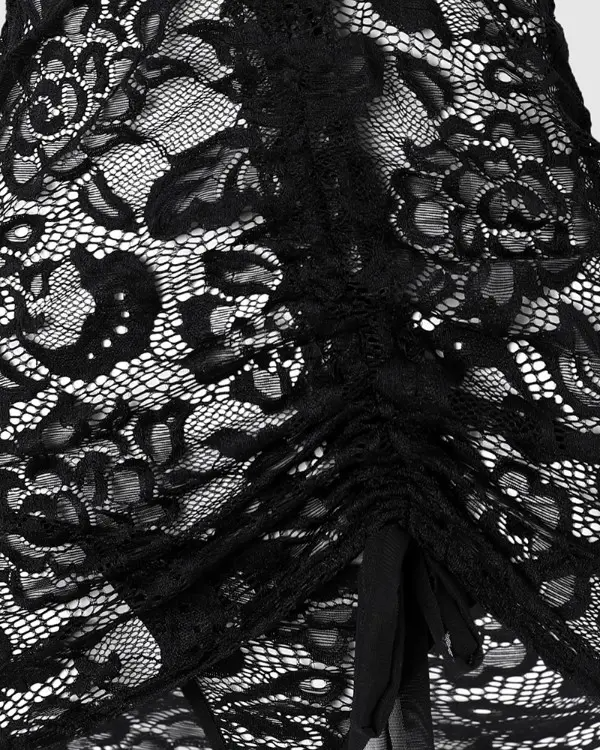 Cutout Drawstring Ruched Lace Babydoll With Thong