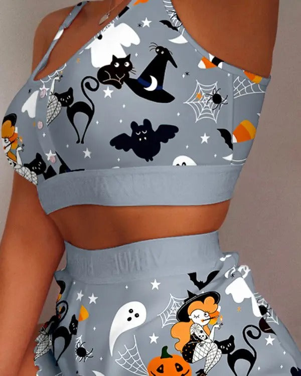 Halloween Graphic Print Lettuce Trim Cami Set