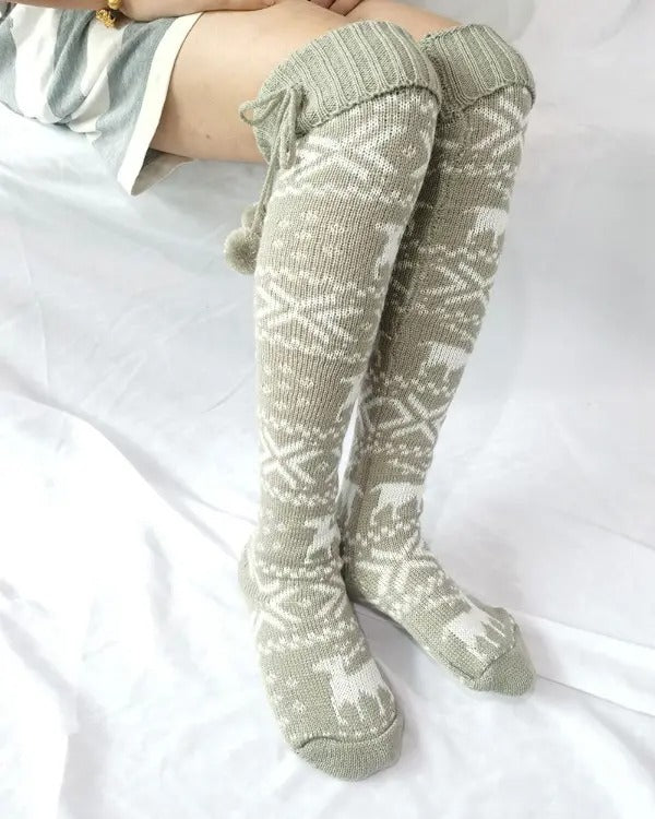 Christmas Elk Snowflake Print Pom Pom Socks