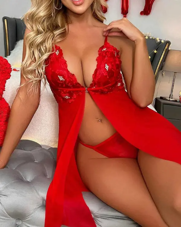 Embroidery Floral Lace Babydoll With Thong