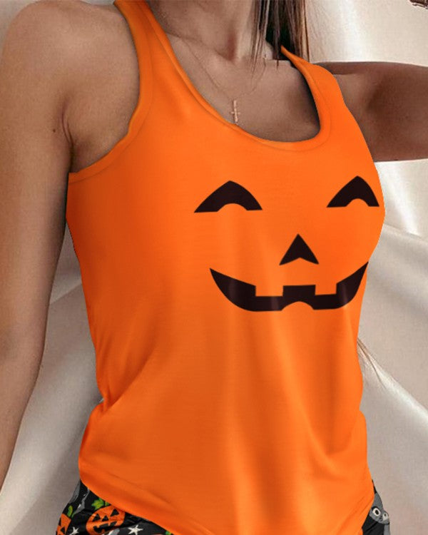 Halloween Pumpkin Cat Print Drawstring Pajamas Set