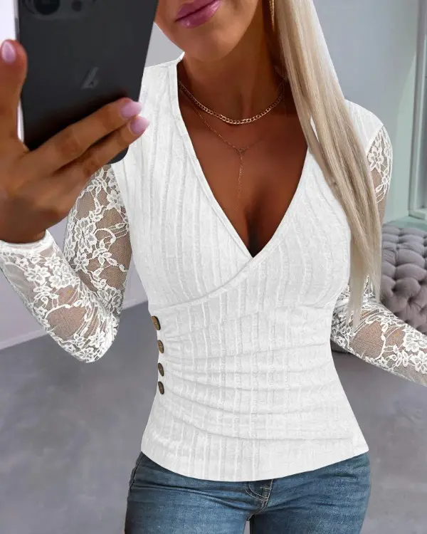 Lace Patch Deep V-Neck Ruched Top-White
