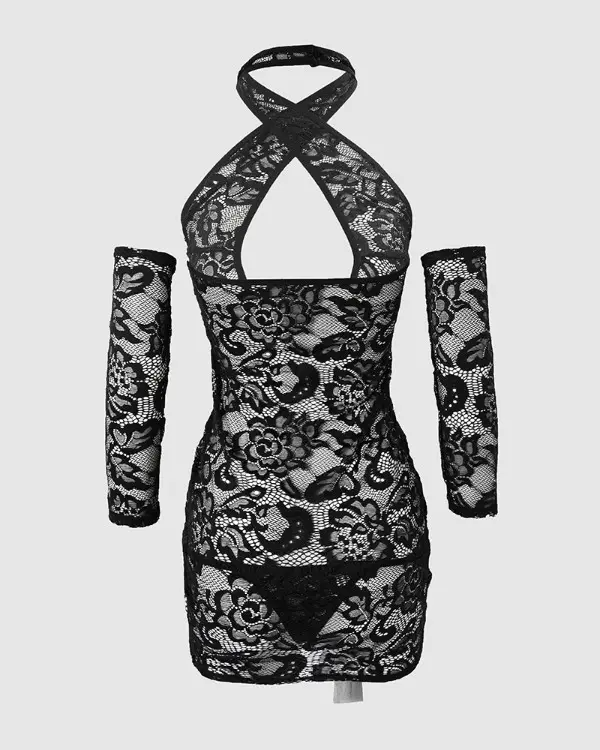 Cutout Drawstring Ruched Lace Babydoll With Thong