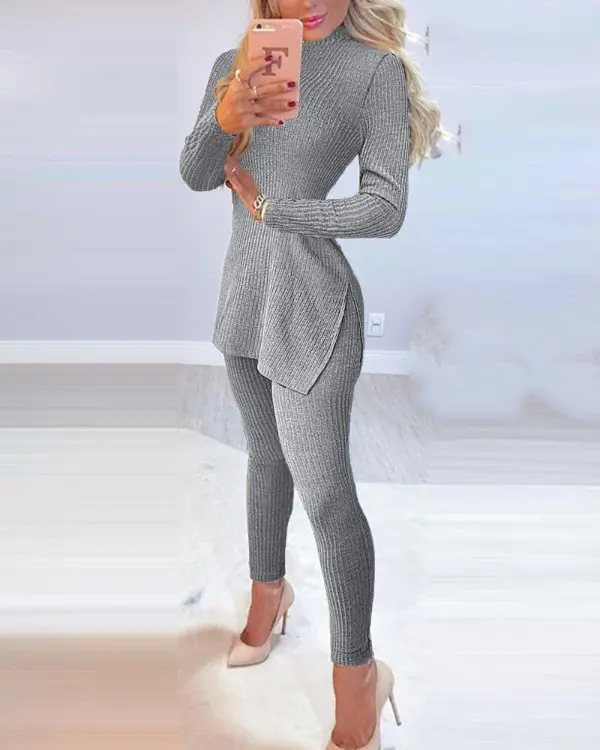 Slit Long Sleeve High Neck Knit Pajamas Set