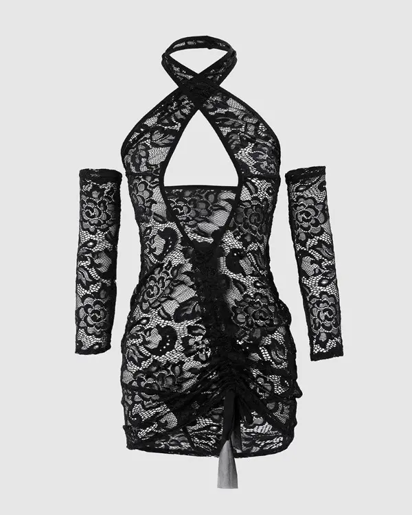 Cutout Drawstring Ruched Lace Babydoll With Thong