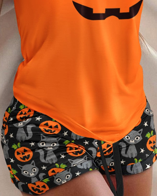 Halloween Pumpkin Cat Print Drawstring Pajamas Set
