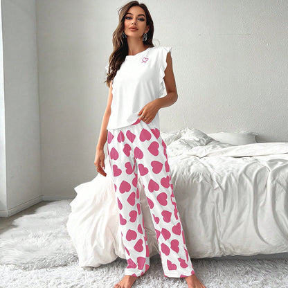 Small Flying Sleeve Top With Heart Print Trousers And Casual Pajamas Two-Piece Set