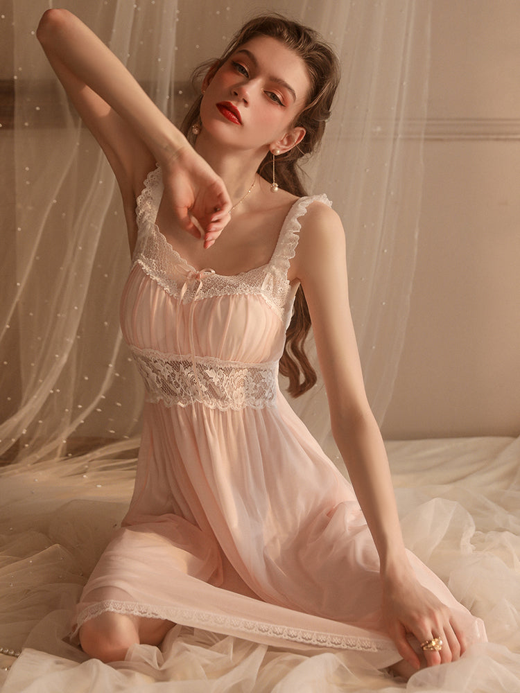 Medium Pink Lace Decoration Sexy Sleepwear One-Piece Nightgown