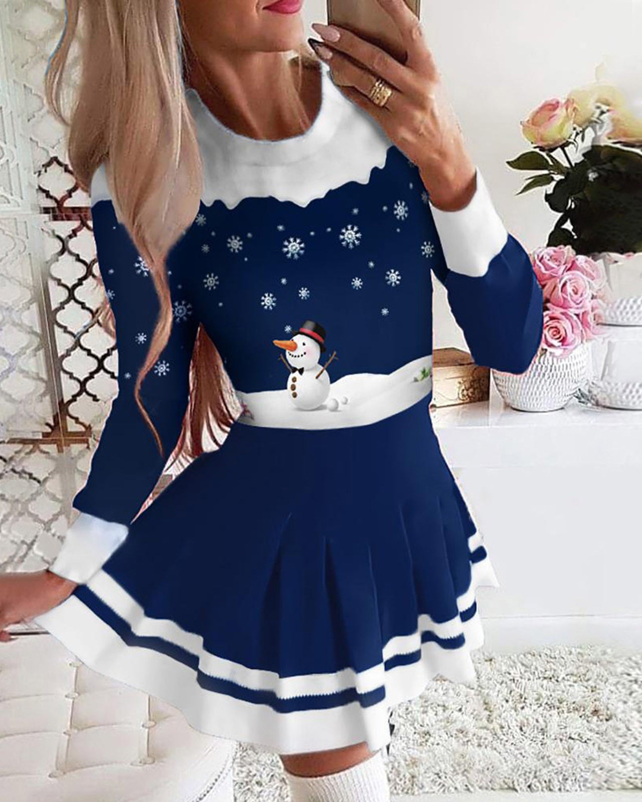 Christmas Snowfman Print Long Sleeve Pleated Dress