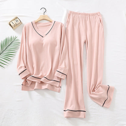 Pink Simple Comfortable Cotton Top Pants Home Pajamas Set With Chest Pad