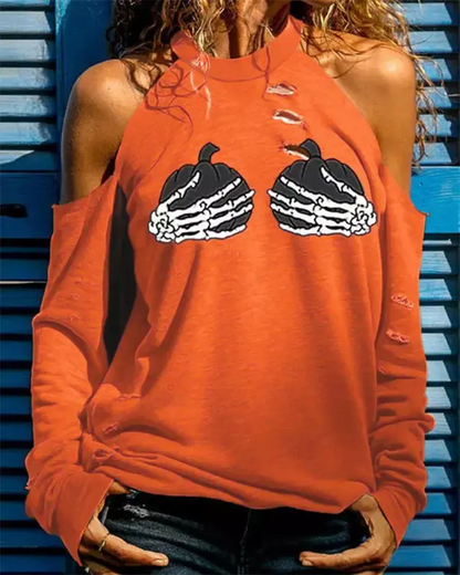 Halloween Pumpkin Skeleton Hands Print Top