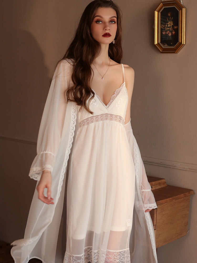 Lace Decoration Sexy Two-Piece Slip Dress & Robe Set With Belt