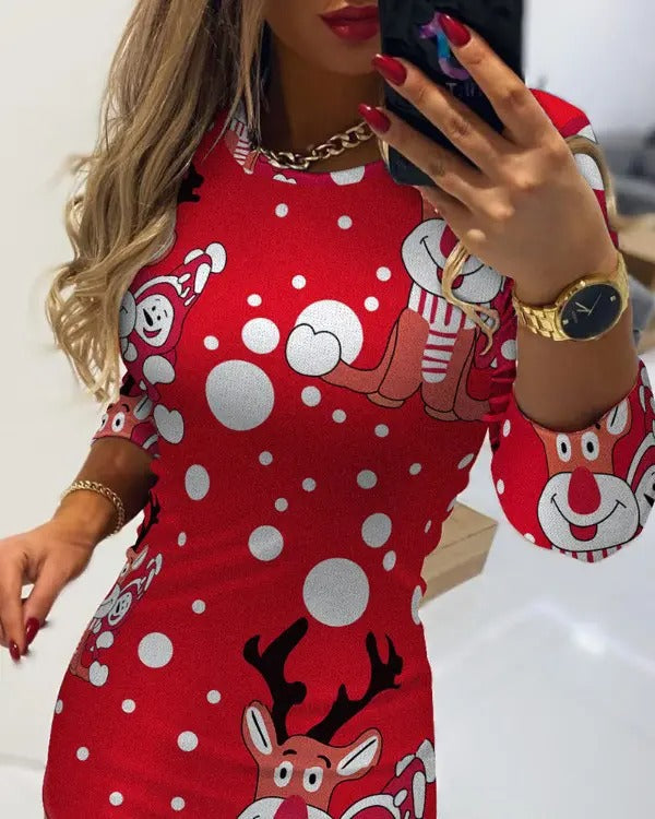 Christmas Cartoon Elk Print Flocked Long Sleeve Dress