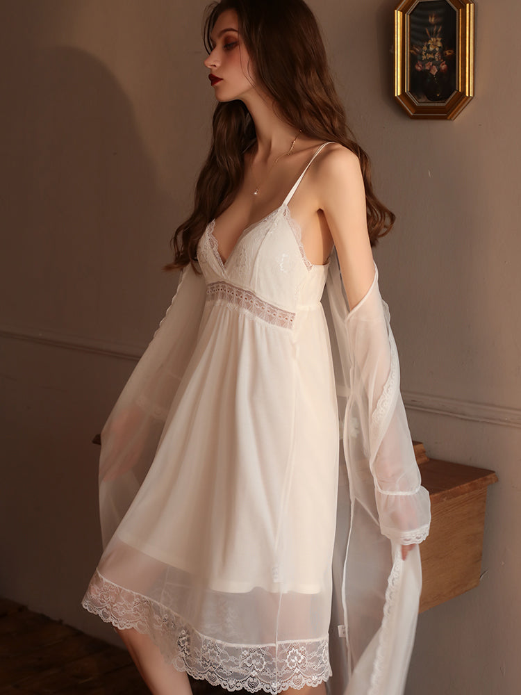 Lace Decoration Sexy Two-Piece Slip Dress & Robe Set With Belt