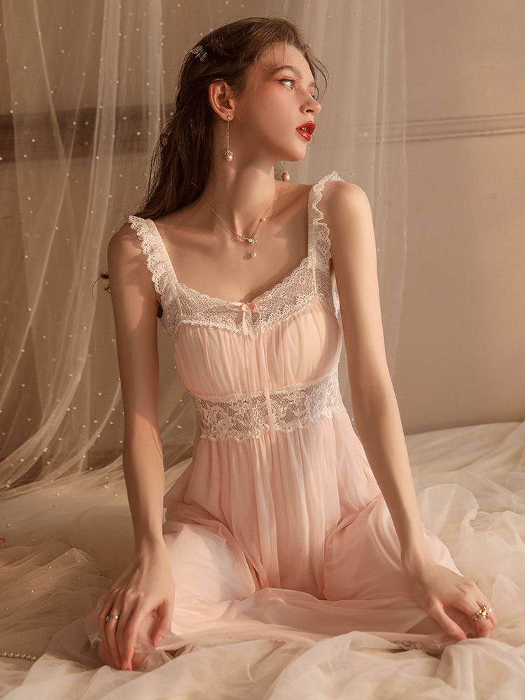 Medium Pink Lace Decoration Sexy Sleepwear One-Piece Nightgown