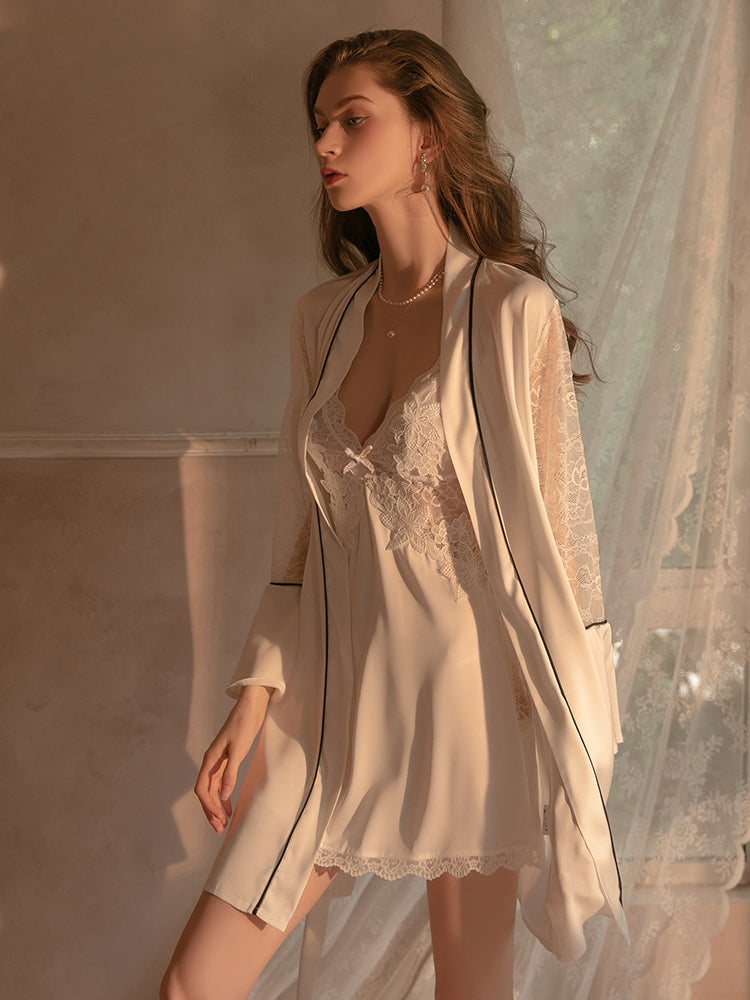 Hottest Hollow Lace Two-Piece Slip Dress & Robe Set With T-Back And Belt