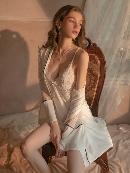 Hottest Hollow Lace Two-Piece Slip Dress & Robe Set With T-Back And Belt