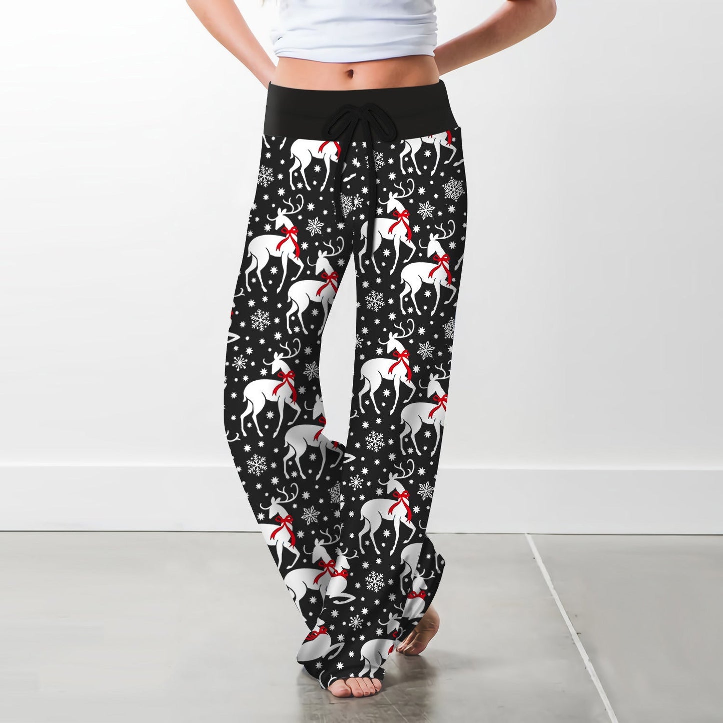 Christmas Drawstring Elk Print Wide Leg Pants