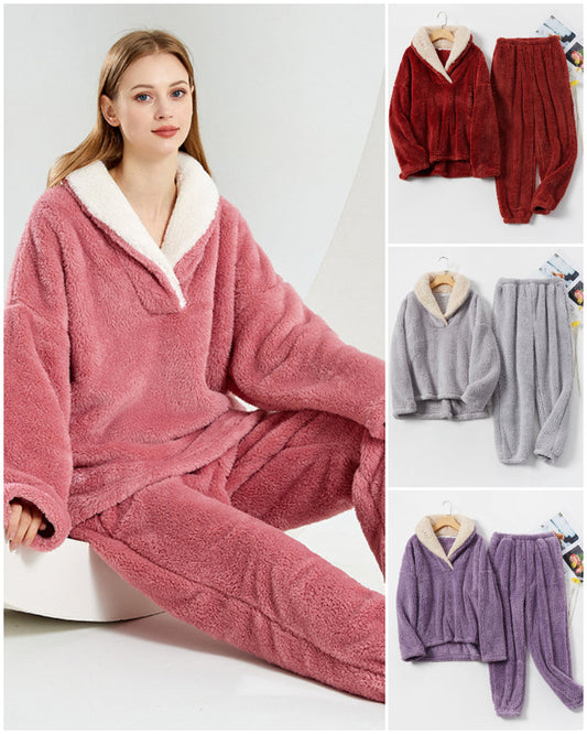 Winter Coral Fleece Pajama Pants Flannel Lapel Set Thickened Couple Homewear