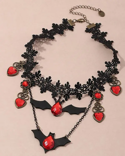 Halloween Bat Pattern Rhinestone Lace Necklace