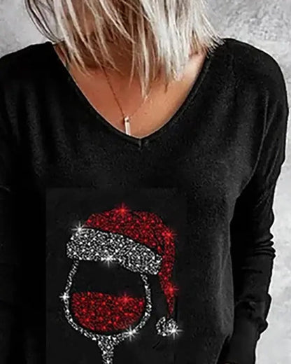 Christmas Hat Wine Glasses Print Long Sleeve Top