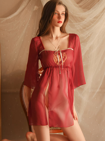 Red Sleeveless Sexy Split Lace Dress One-Piece Nightgown With T-Back