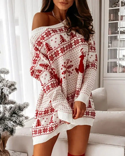 Christmas Print Long Sleeve Knit Dress