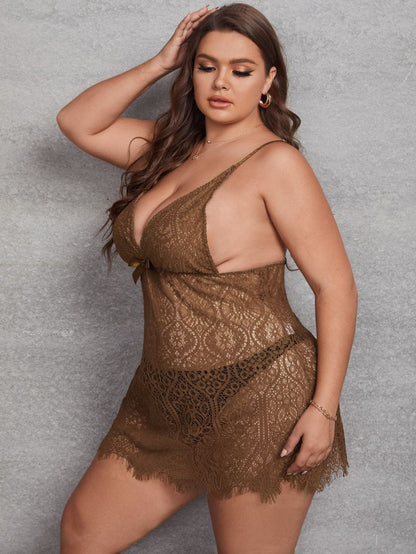 Plus Size Lace Beautiful Back Sexy Temptation Women's Transparent Mesh Suspender Nightgown