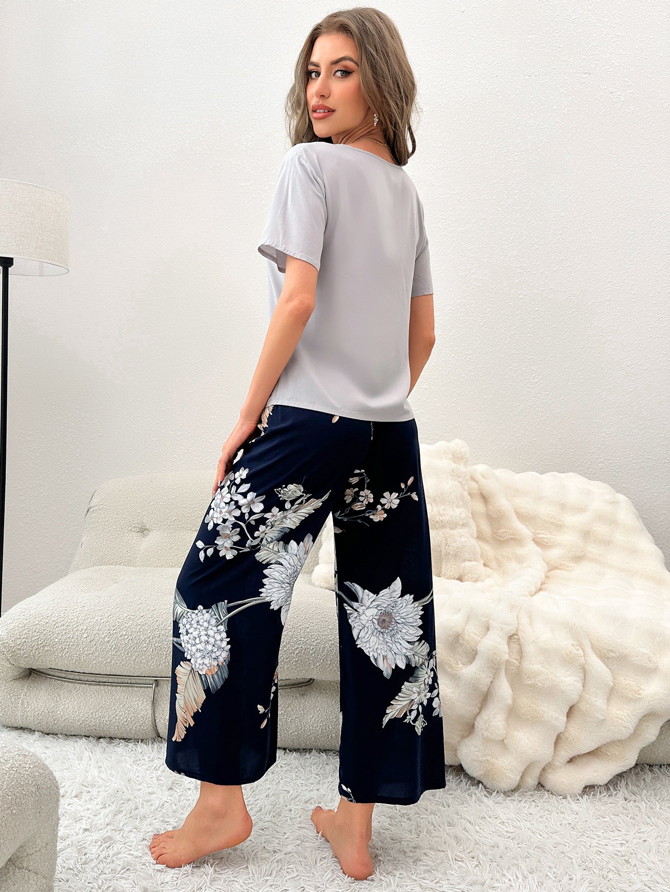 Cotton Silk Casual Pajamas Set Home Wear - Gray Top + Banana Print Trousers