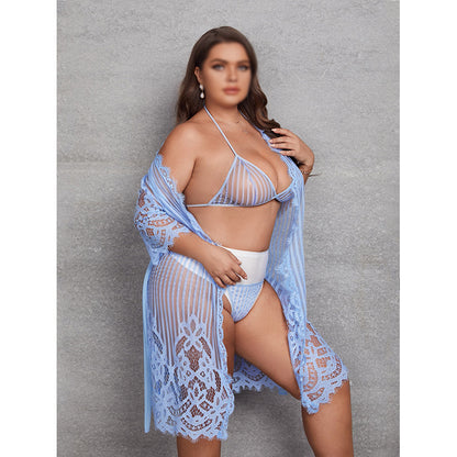 Plus Size See-Through Striped Sexy Transparent Lace Pajama Set